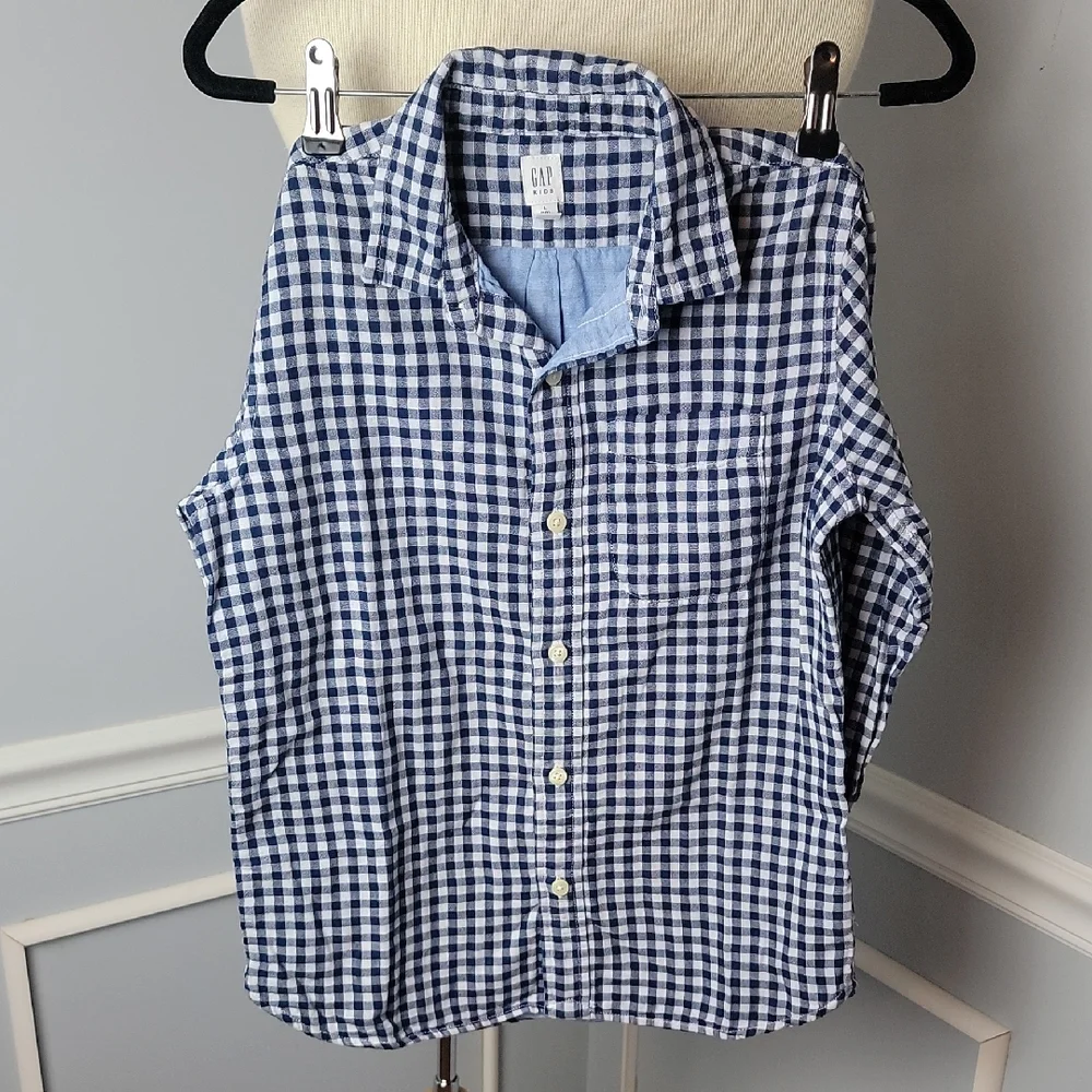 GAP Boy's Blue Gingham Checkered Long Sleeve Casual Preppy Button‎ Down Shirt L